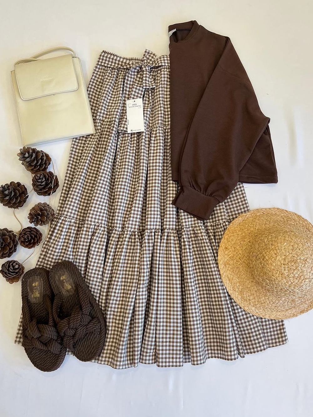 Brown Gingham Tiered Airy Summer Midi Skirt - Size XS